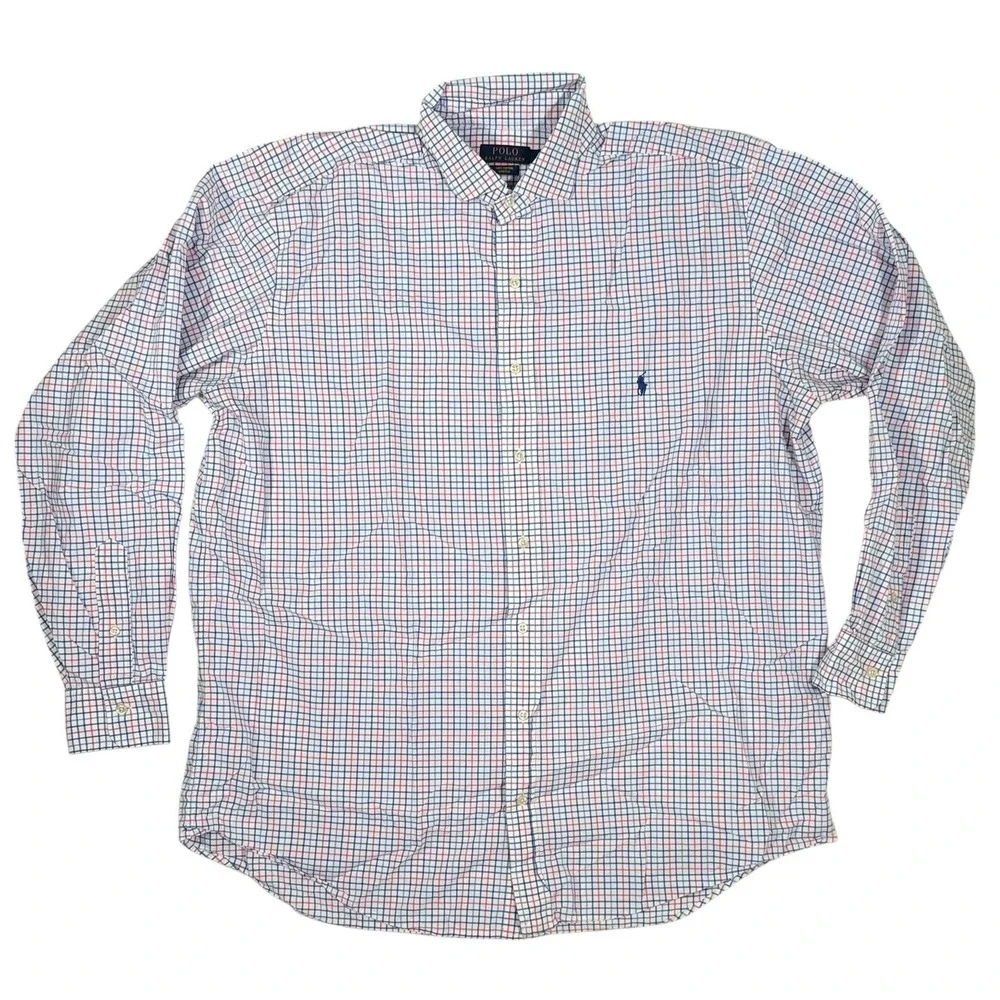 Polo Ralph Lauren Mens XLT Tall Cotton Stretch Check Button Down Shirt Blue Pink